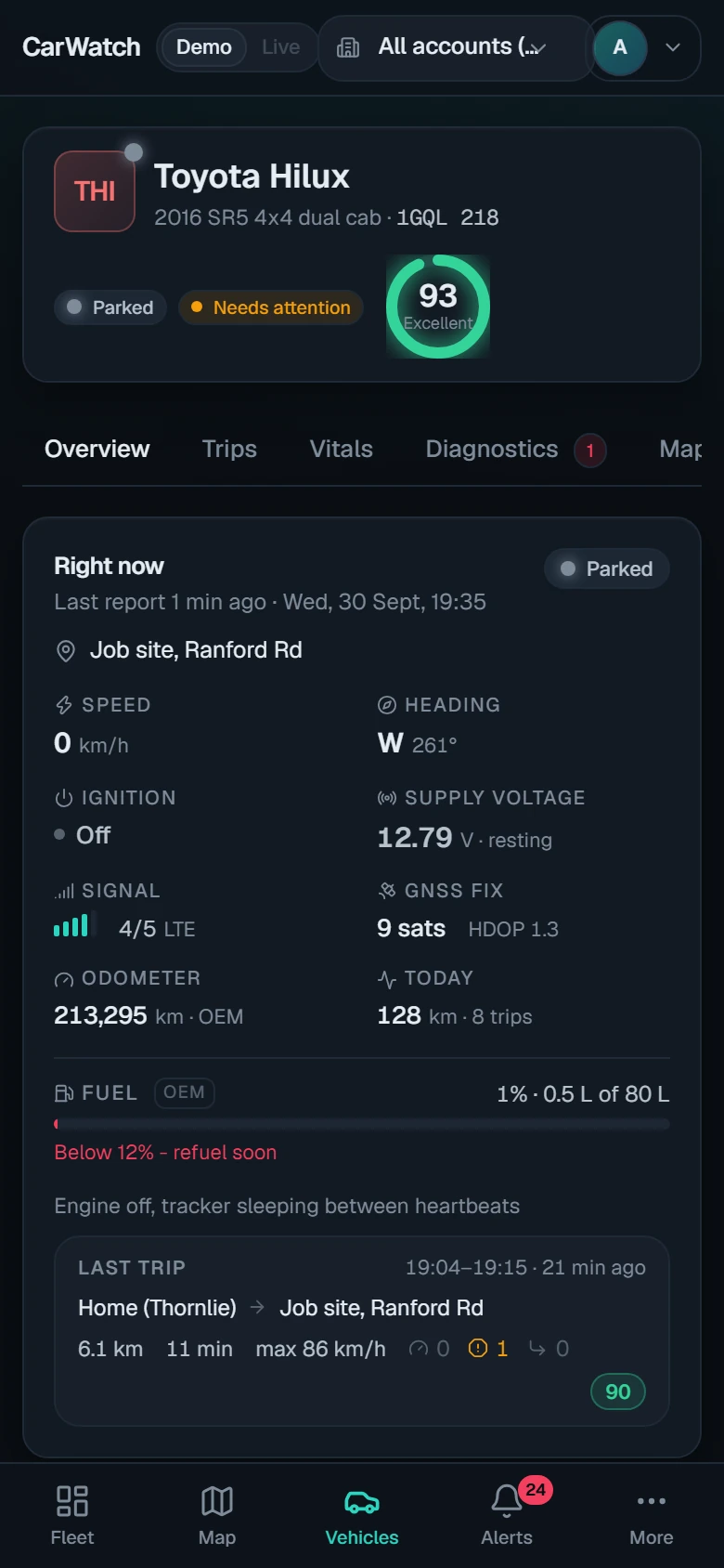 A vehicle's live status on a phone